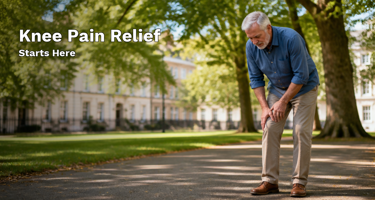Older gentleman experiencing knee discomfort in a London park